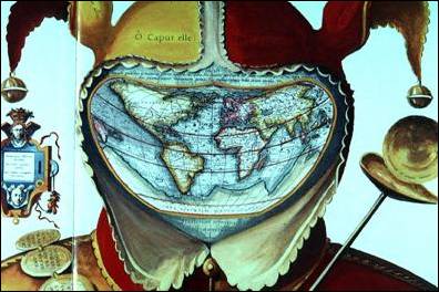 The world map as a clown face  16th century 