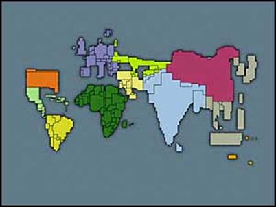 A world population map with a relative resizing of each state