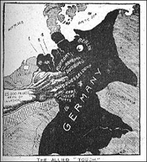 A caricature of Germany from the 1920th shows the hand of Versailles treaty strangling a character who reminds of Hitler