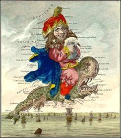 England as a man riding on a whale  18th century